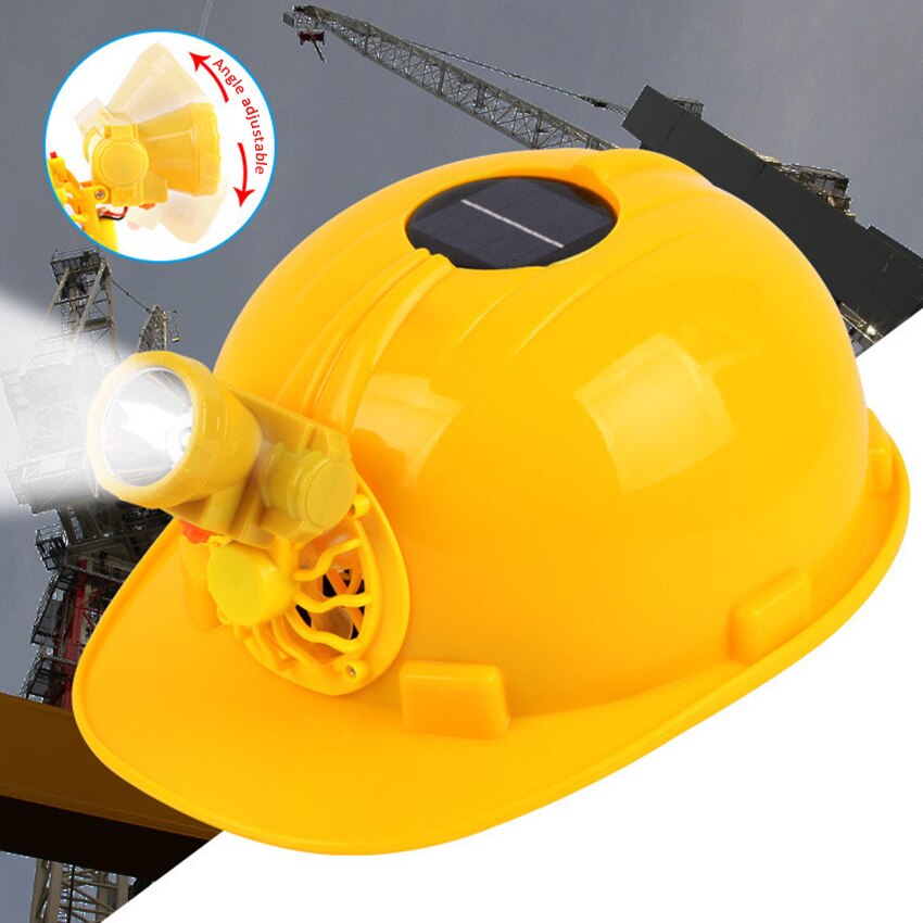 태양광 선풍기 야외 안전 헬멧, 하드 작업 모자, 고강도 건설 보호 캡, 노란색 및 헤드 라이트 포함